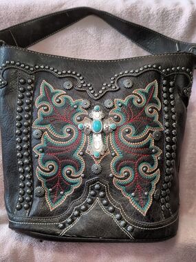 Monta West Women’s Embroidered Black Shoulder Bag with Turquoise Accents